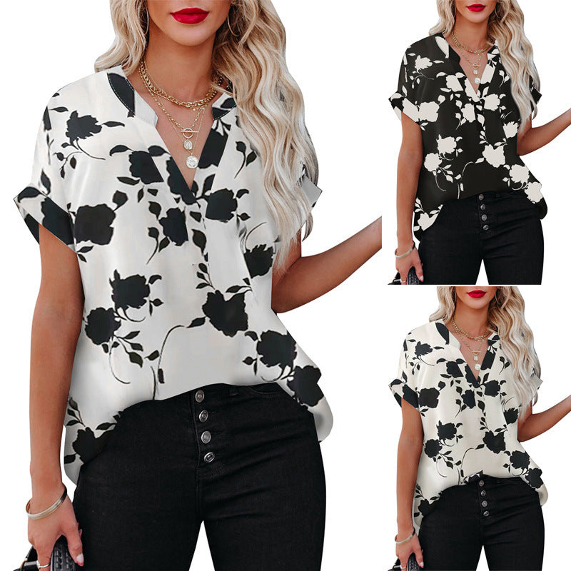 Summer Floral Print Short-sleeved Shirt For Women
