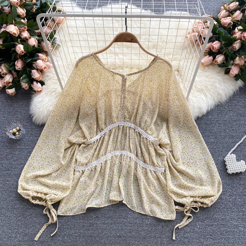 Chiffon Shirt Age Reduction Puff Sleeve Loose Wild Short Floral Doll Shirt