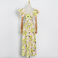 Printed Skirt Set, Square Neck Ruffle Sleeve Short Top  High Waist Drape And Large Hem Long Skirt