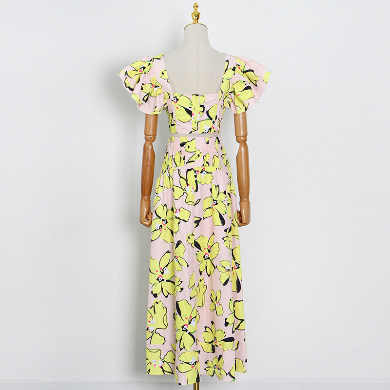Printed Skirt Set, Square Neck Ruffle Sleeve Short Top  High Waist Drape And Large Hem Long Skirt