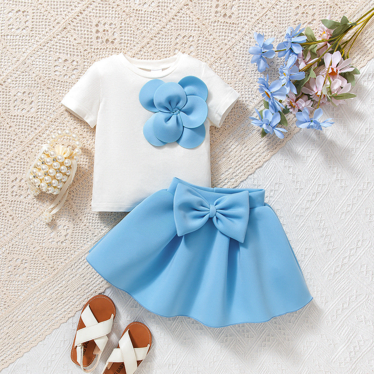 Flower Short Sleeves With Bow Puff Skirt Set