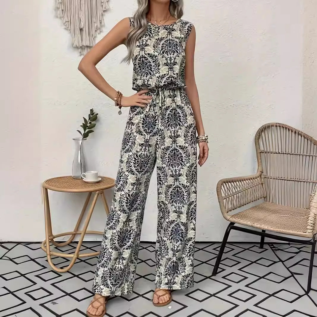 Womens Printed Sleeveless Top And Wide-Leg Pants Set