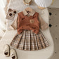 College Style Blouse Knitted Vest Plaid Row Pleated Skirt Set Three-piece Set