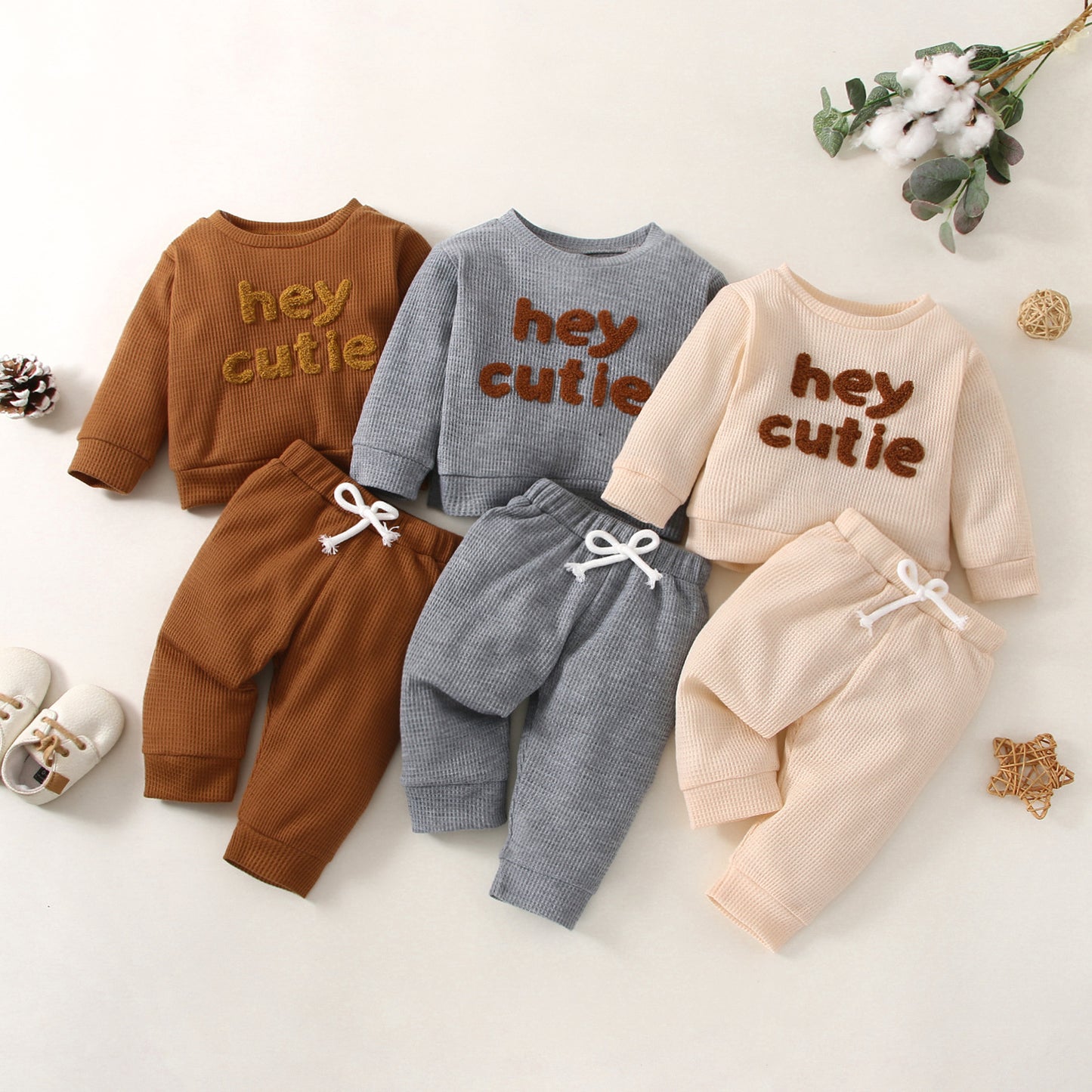 Waffle Solid Color Letter Long Sleeve Top Trousers Suit