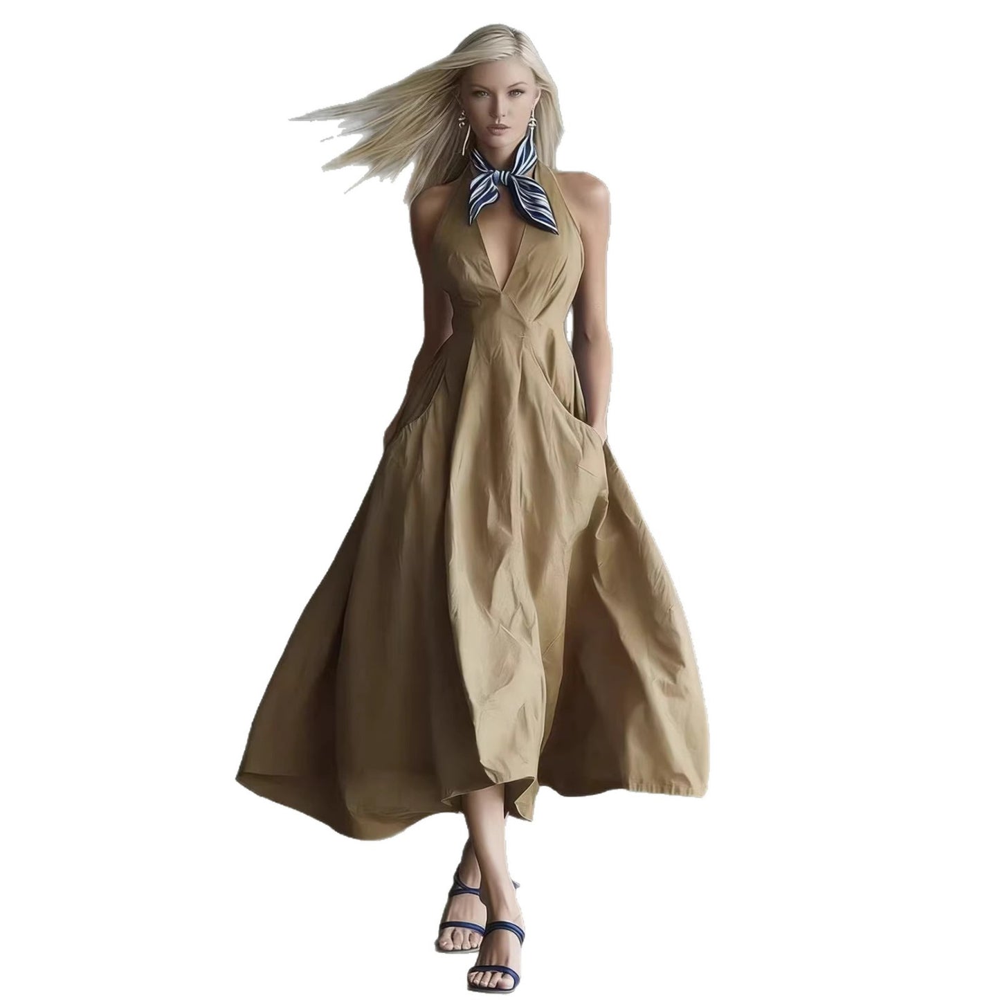 Womens Retro Sleeveless Tie-Waist A-Line Midi Dress With V-Neck
