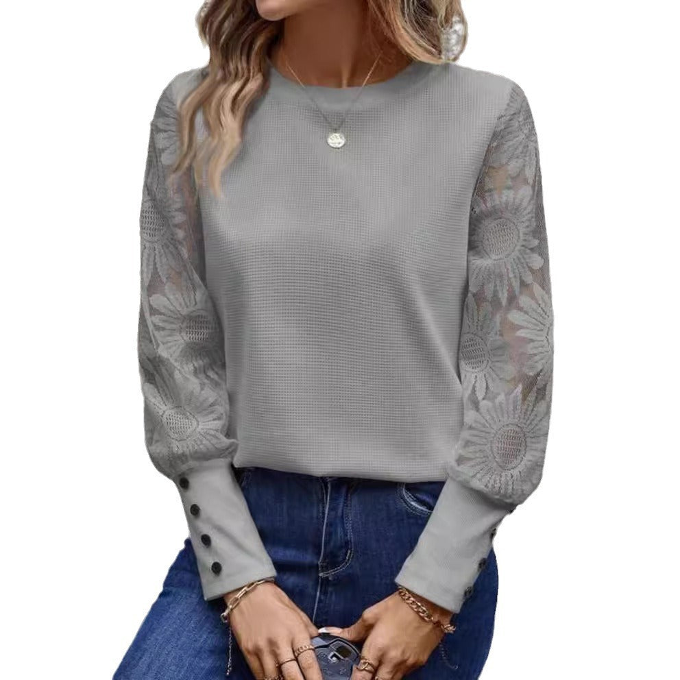 Solid Color Long Sleeve Embroidered Lace Stitching Waffle Crew Neck Top