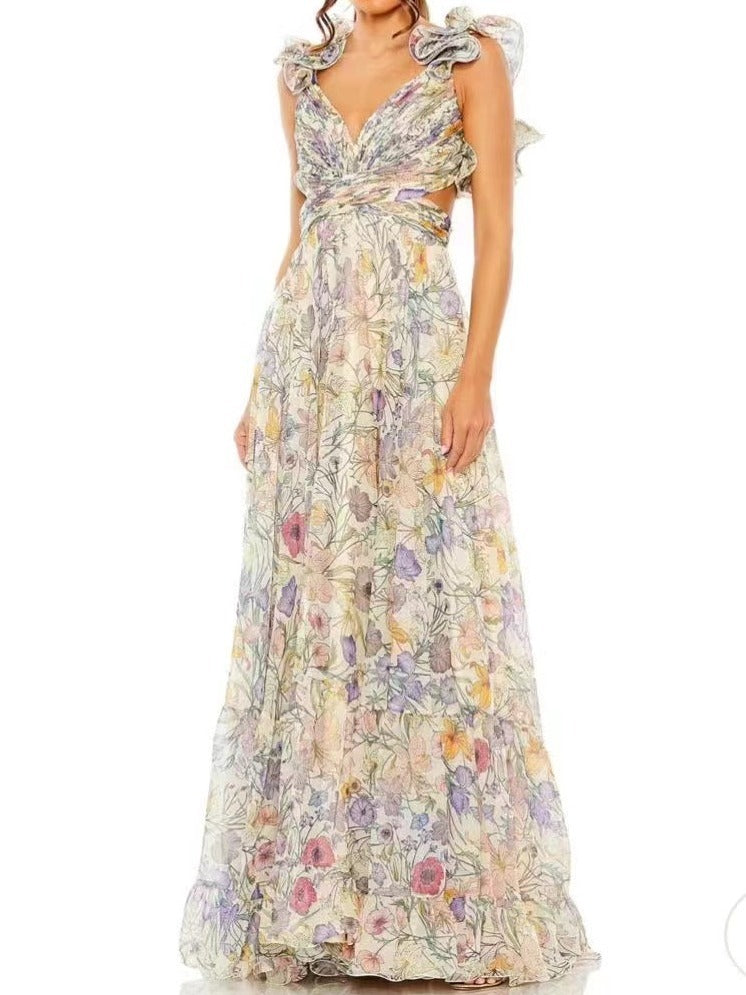 Women's Cut-out Ruffled Sleeveless Waist-controlled Large Hem Dress