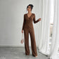 Womens Solid-Color V-Neck Cross-Over Long-Sleeve T-Shirt And Pants Set