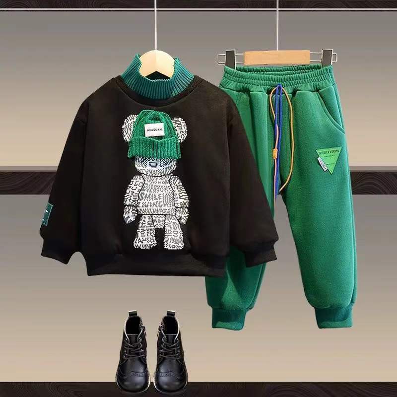Children's Winter Fleece Lining Sweatshirt And Sweatpants Two-piece Set