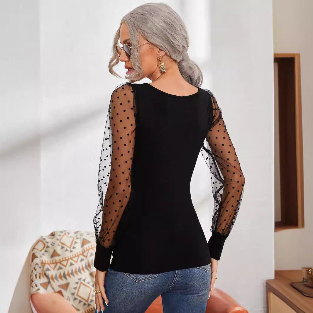 Women's Top See-through Puff Sleeve Stitching