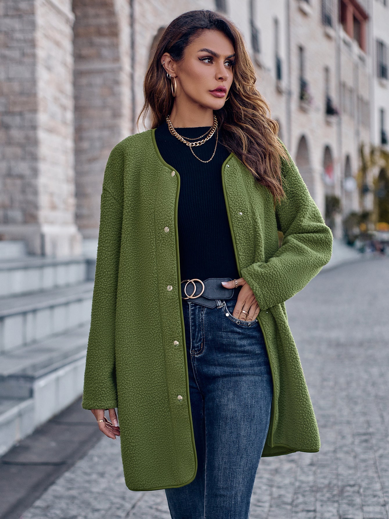Women's Casual Solid Color Round Neck Single Breasted Long Sleeved Jacket