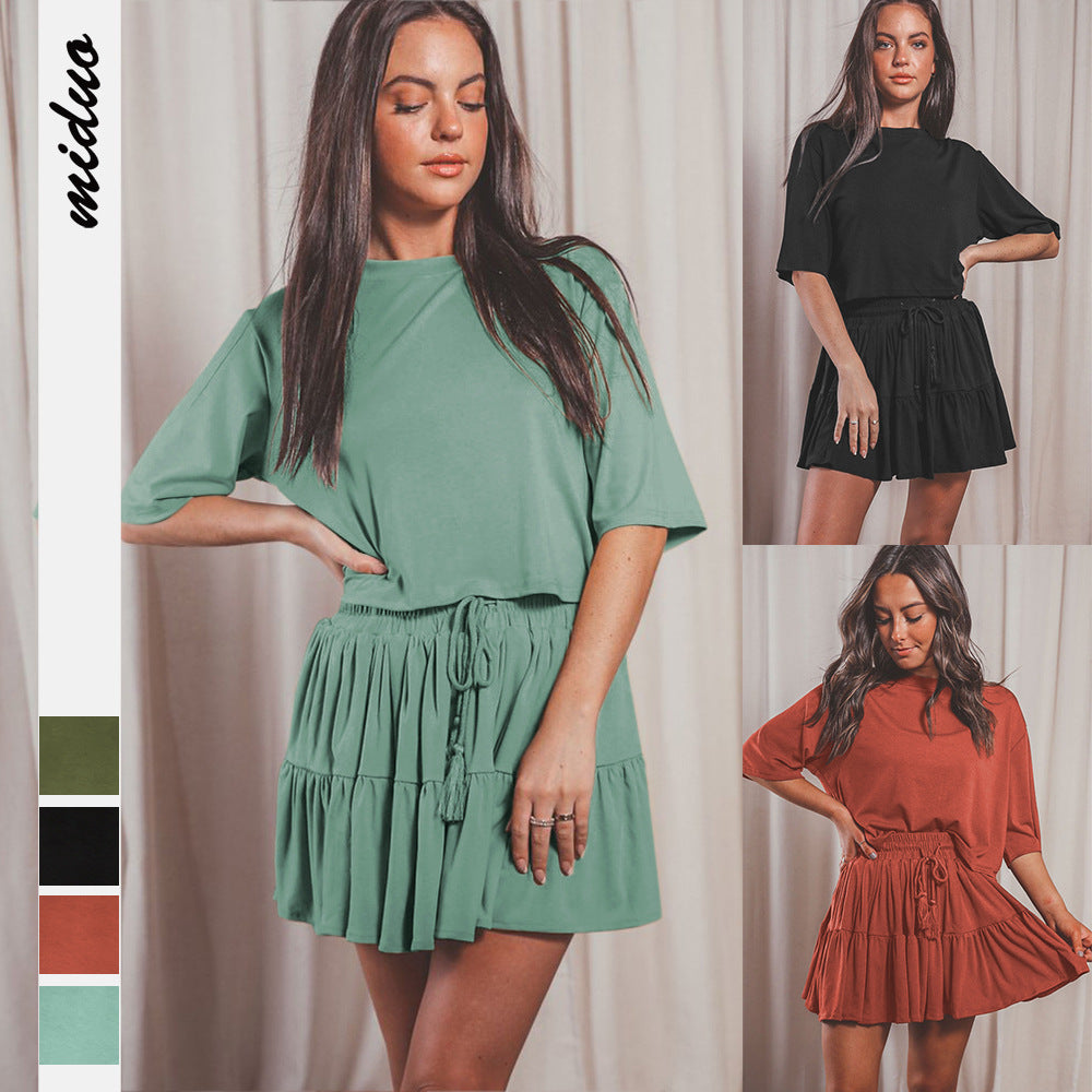 Round Neck Solid Color Half Sleeves Loose Top T-shirt Drawstring Pleated Skirt Commuter Suit