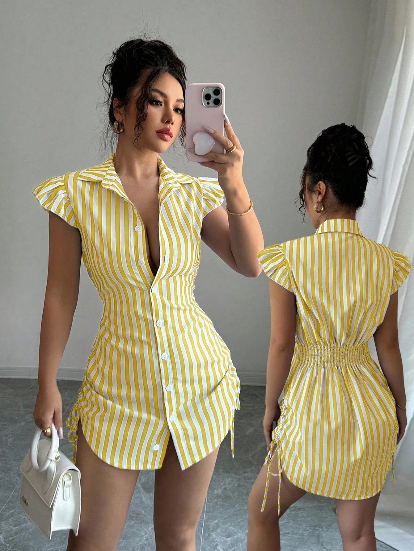 Striped Shirt-collar Casual Waist-cinched Chic Dress