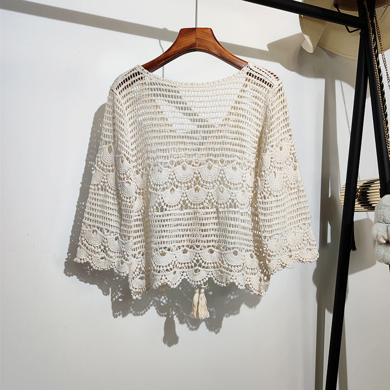 Drawstring Hollow V-neck Three-quarter Sleeve Sweater Women