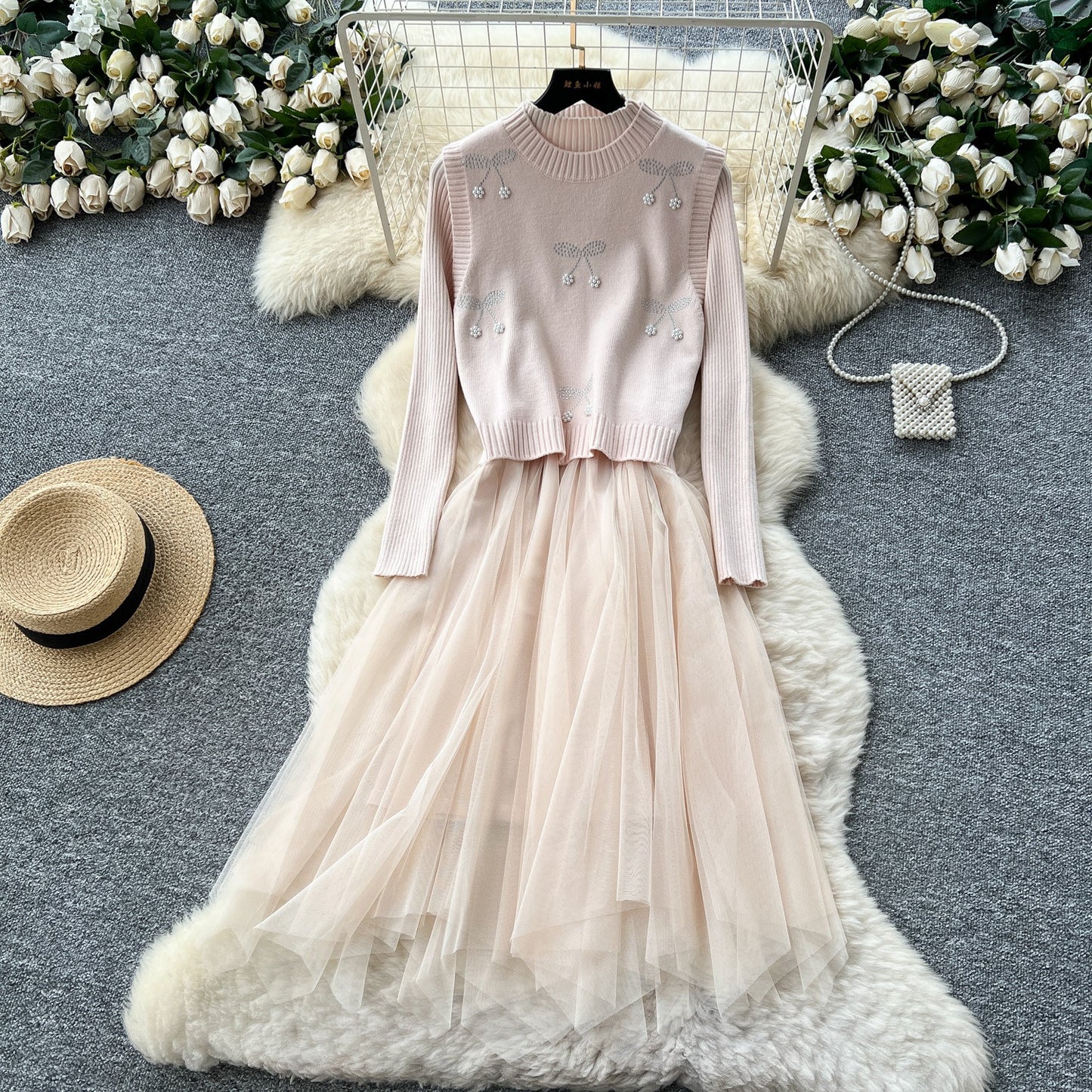 Cherry Vest Long-Sleeve Knitted Patchwork Mesh Dress