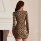 Round Neck Leopard Print Sequin Long Sleeve Dress
