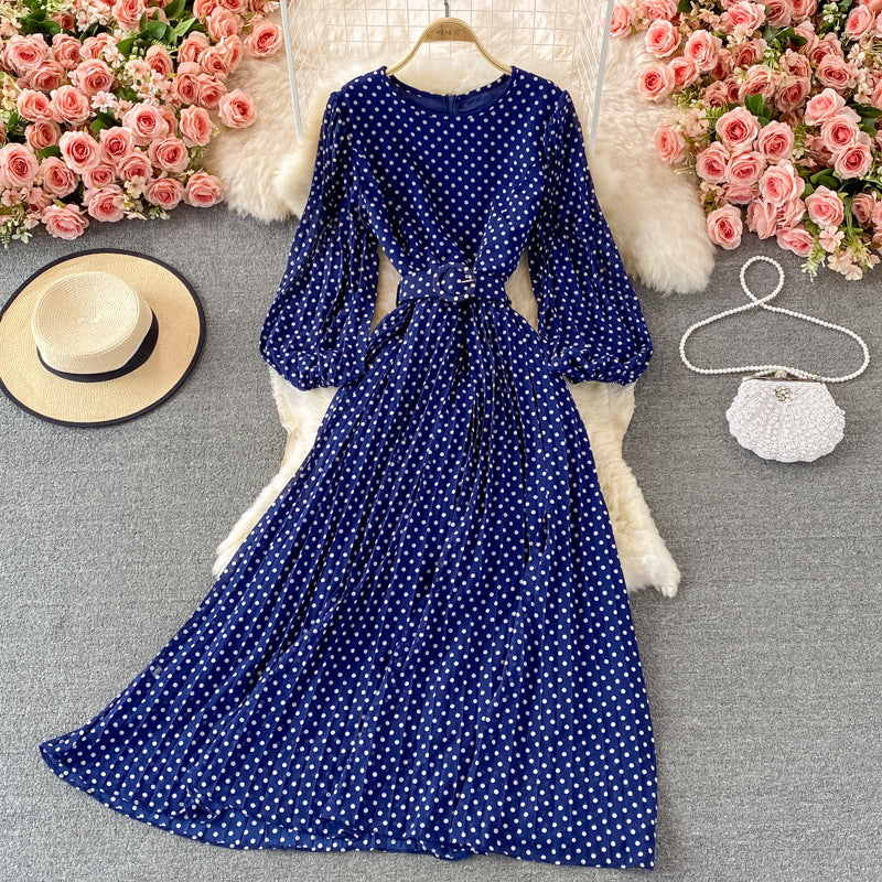 Round Neck Pleated Polka Dot Chiffon Dress