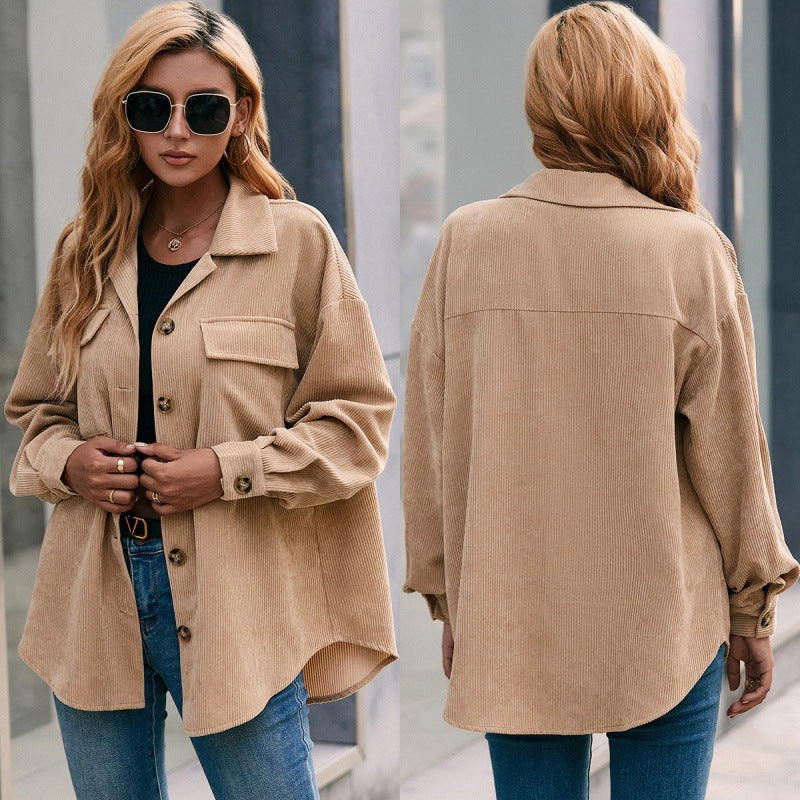 Corduroy Lapel Single Breasted Long Sleeve Tuxedo Shirt Jacket