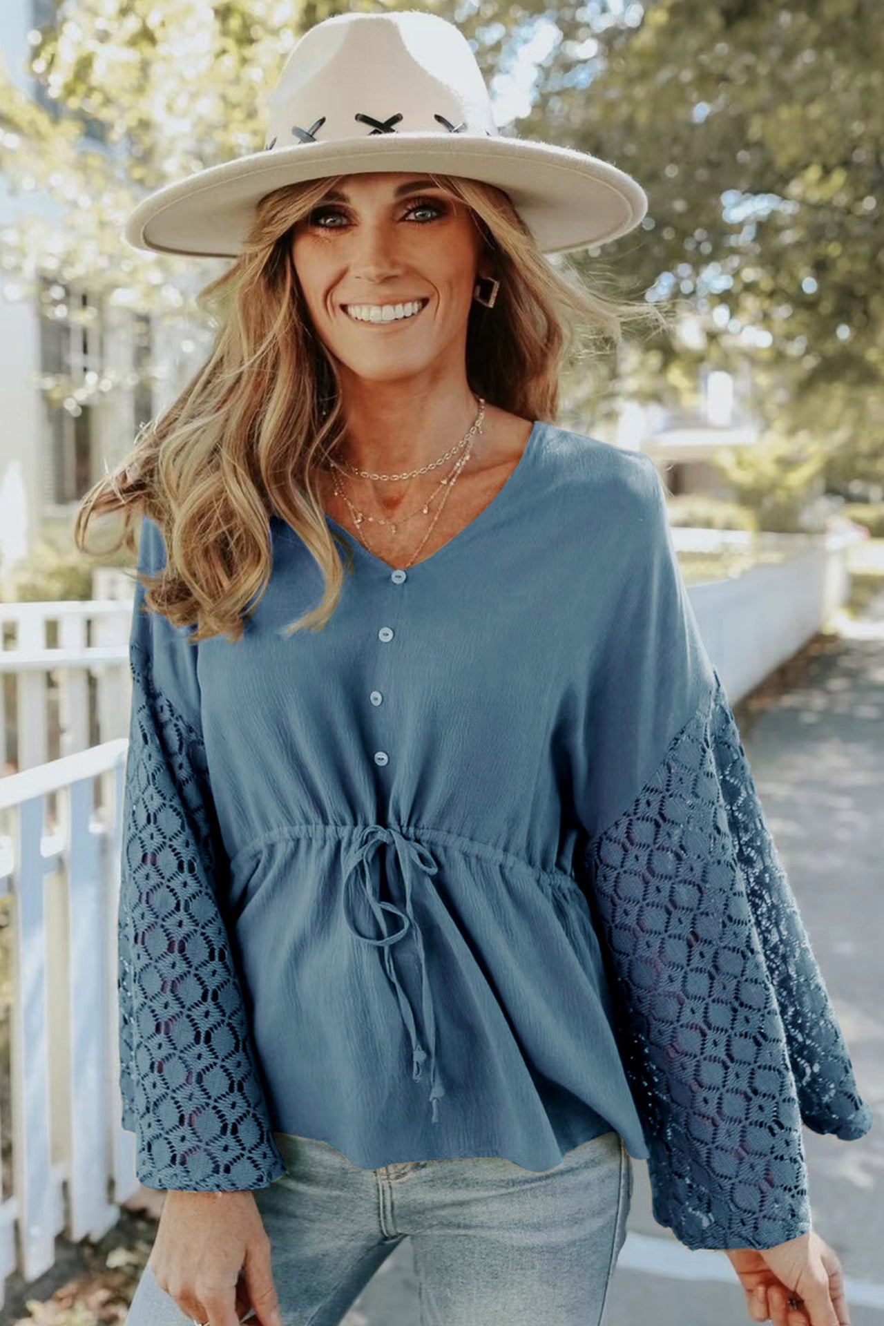Women's Chiffon Buttoned Hollow Long Sleeve Shirt