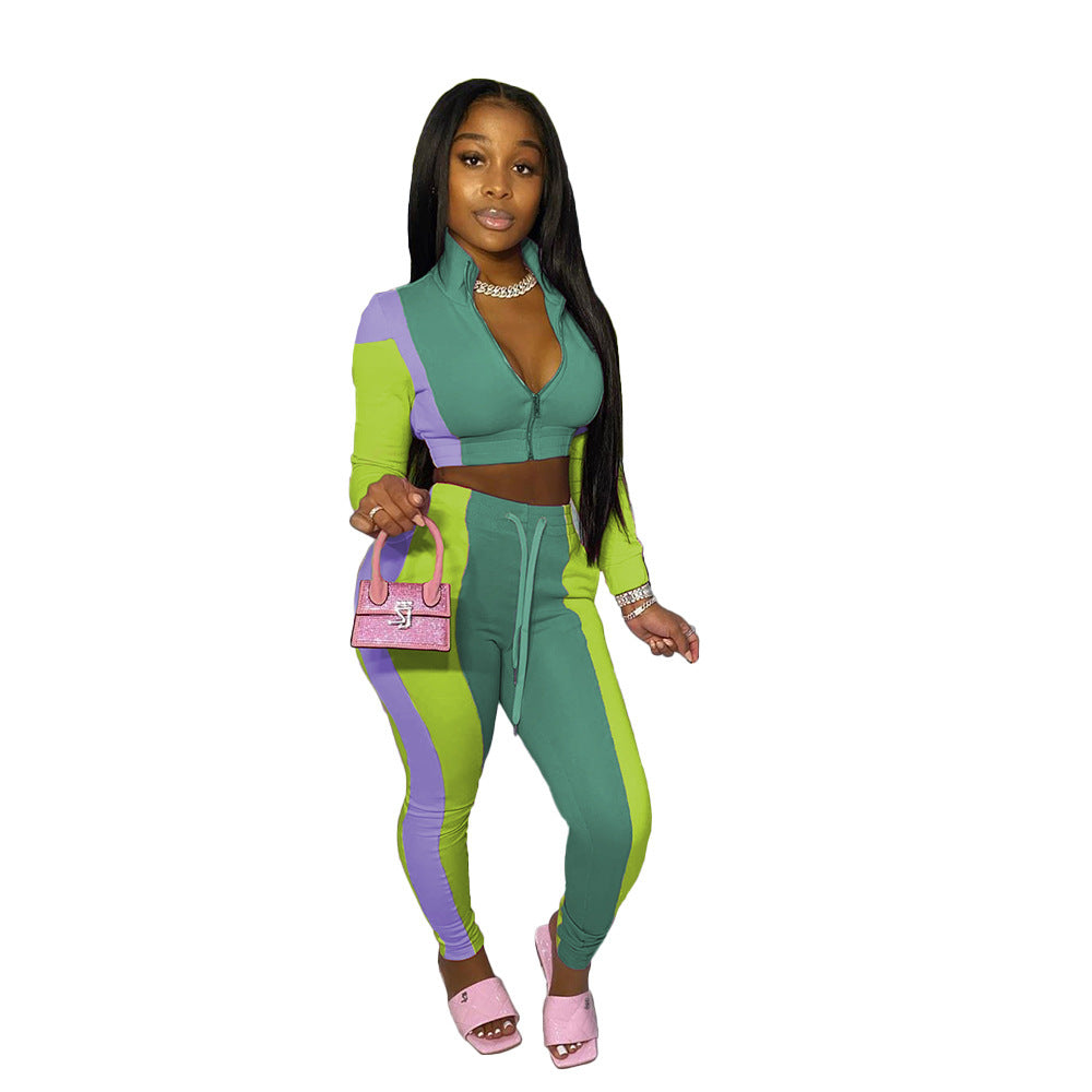 Ensemble deux pièces pantalon de sport multicolore à empiècements pour femme