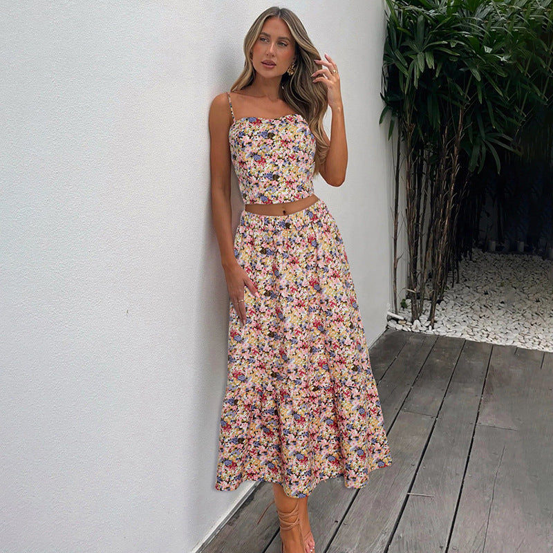 Sling Midriff Outfit Floral Top Dress Suit