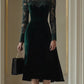 Vintage Velvet Stitched Lace High-Neck Long-Sleeve Midi Dress