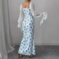 Long Sleeve V-neck Chiffon Spliced Knit Print Bodycon Dress