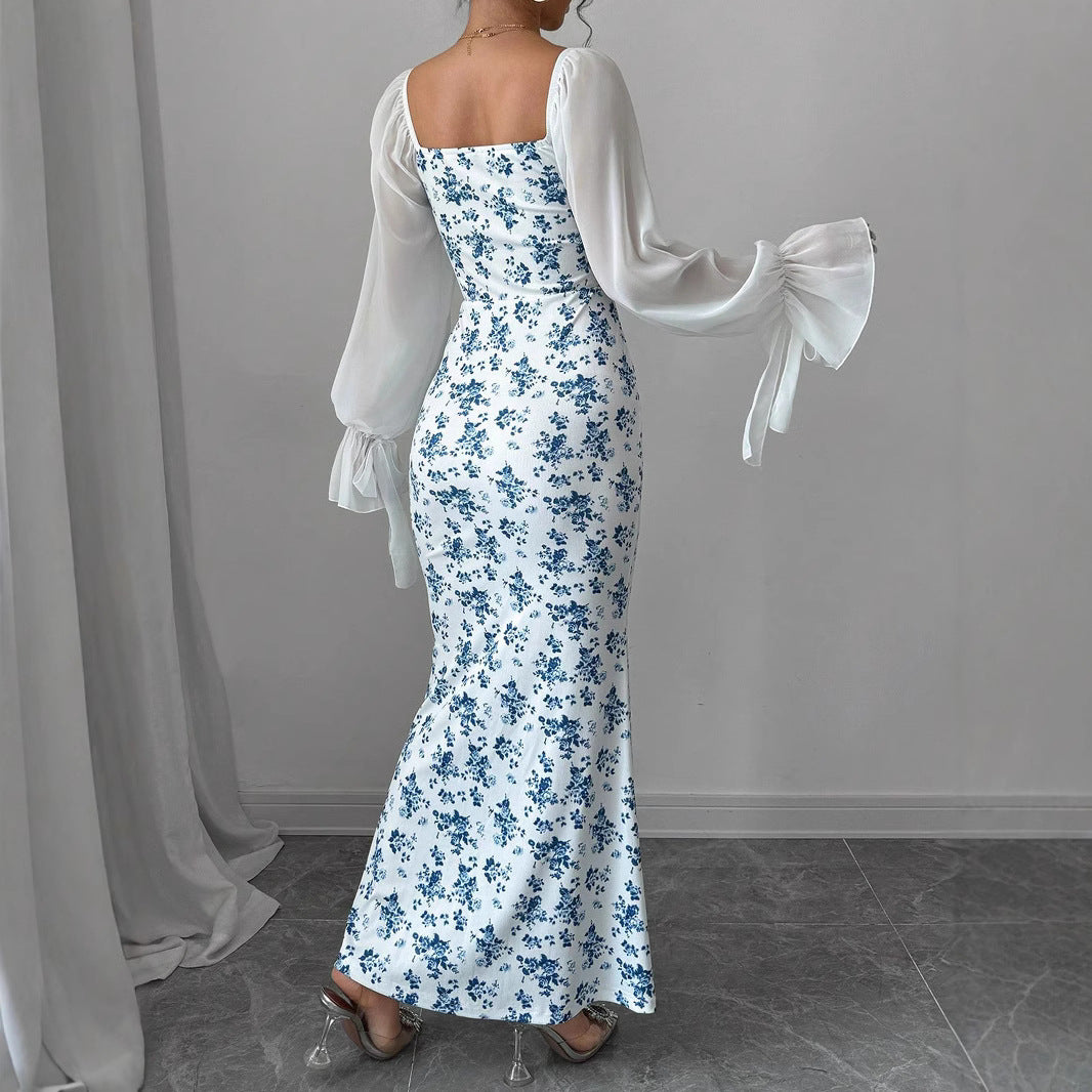 Long Sleeve V-neck Chiffon Spliced Knit Print Bodycon Dress