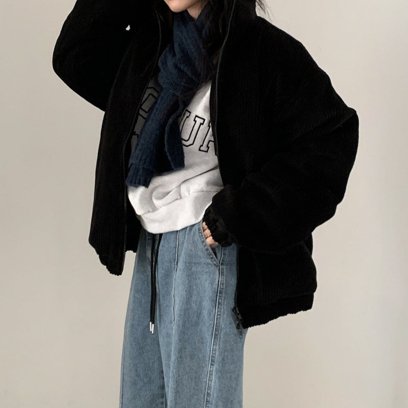 Manteau court ample en velours côtelé et coton rembourré à rayures profondes pour femme