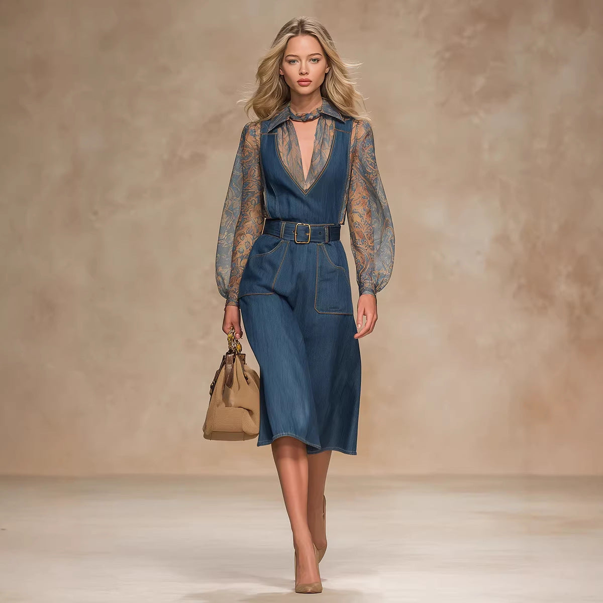 Womens Blue Denim Jumpsuit With High Waist Loose Fit And Large Pockets
