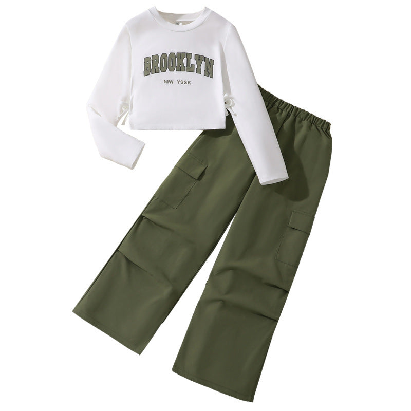 Girl All-match Letter Long Sleeve Sweater Wide Leg Pleated Overalls