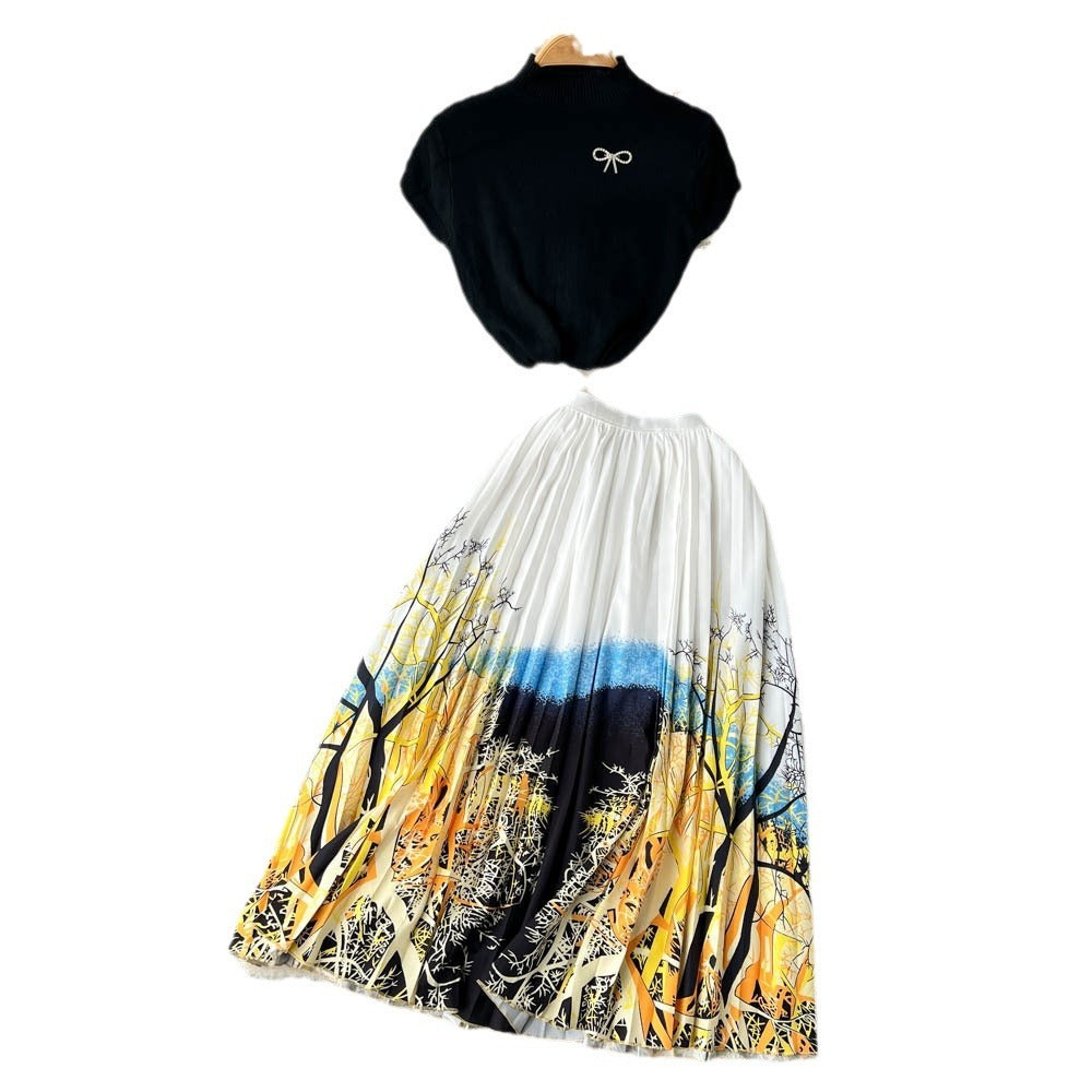 Women's Summer High-end Design Sense Niche Sleeveless Shirt Top Pleated Dress Two-piece Set