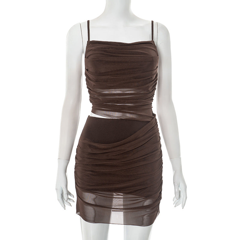 European And American Solid Color Sling Stitching Mesh Dress