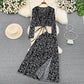 European And American-style Long-sleeve Deep V-neck Tie-up Top Two-piece Set