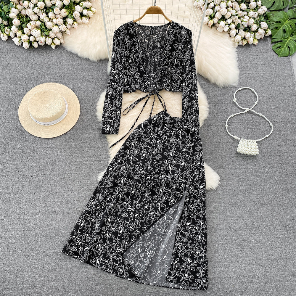 European And American-style Long-sleeve Deep V-neck Tie-up Top Two-piece Set