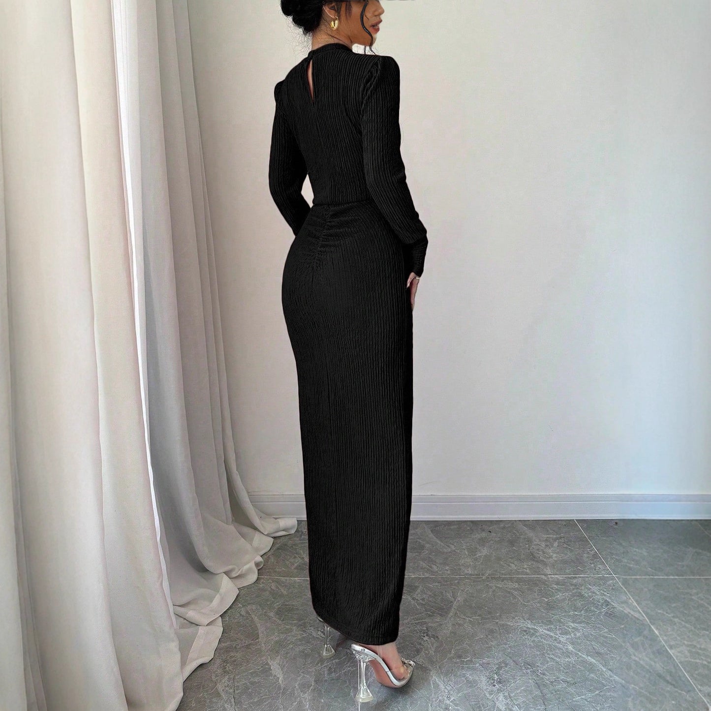 Round-neck Fitted-waist Sheath Dress With A Slit
