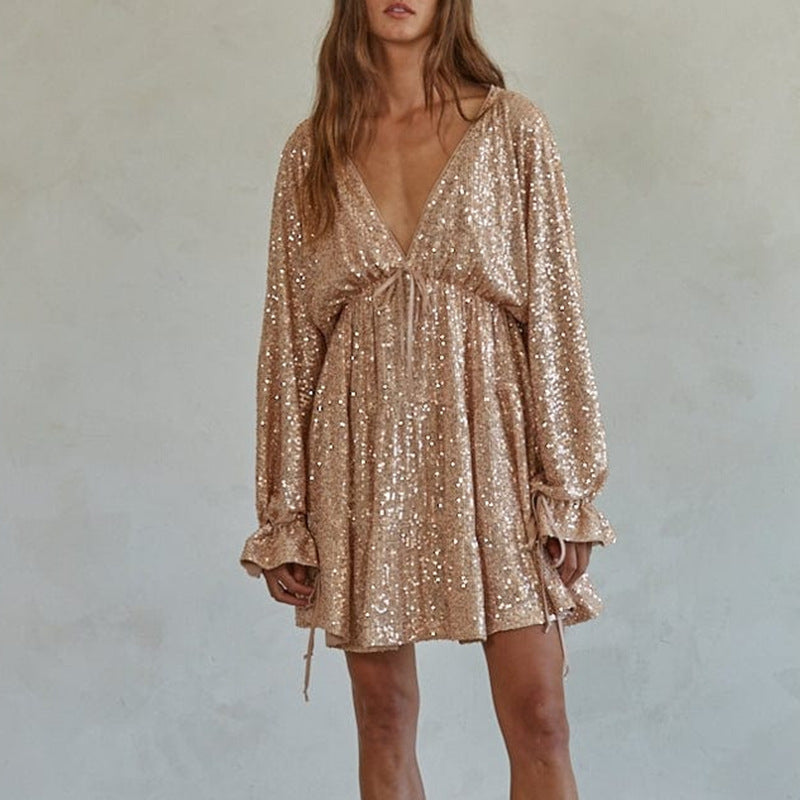 Robe drapée à lacets et col en V à paillettes pour femme