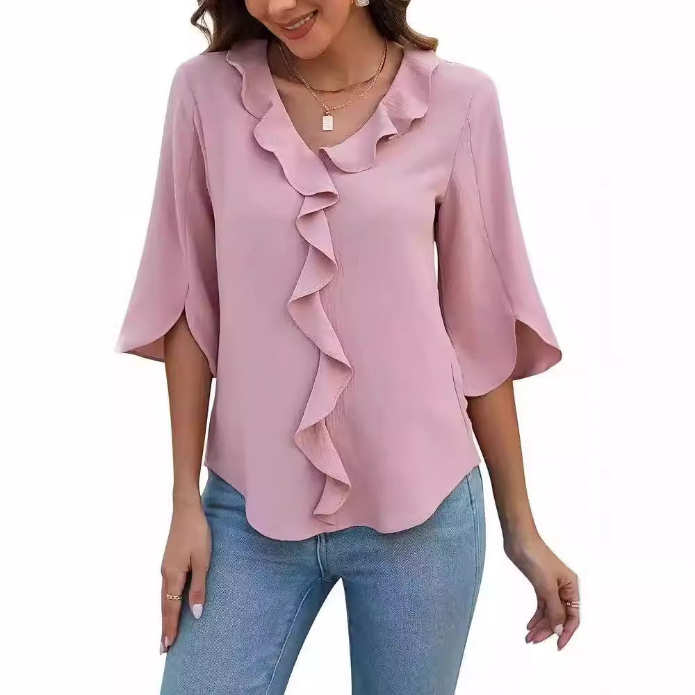 Lady Literature Leisure Commute All-matching Loose All-matching V-neck Flounce Shirt