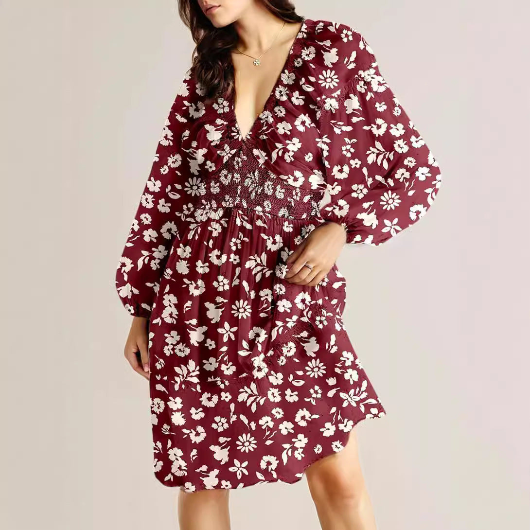 Floral V-neck Long Sleeve Pleated Elastic Waist Dress
