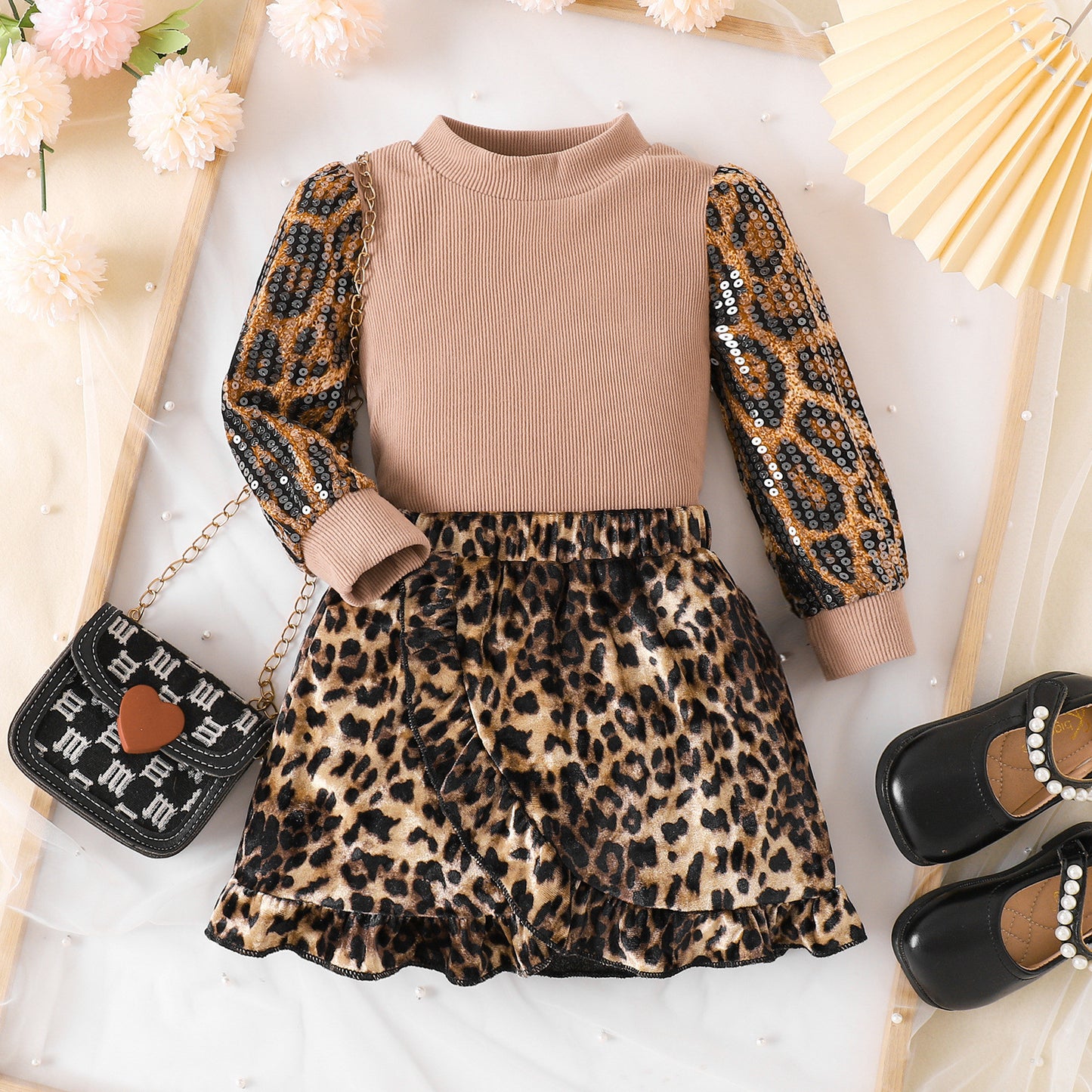 Long-sleeved Sweatshirt And Leopard Print Skirt Two-piece Set