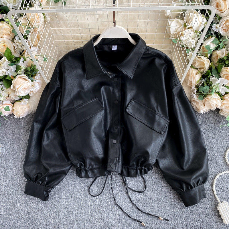 Veste ample en cuir style rétro coréen