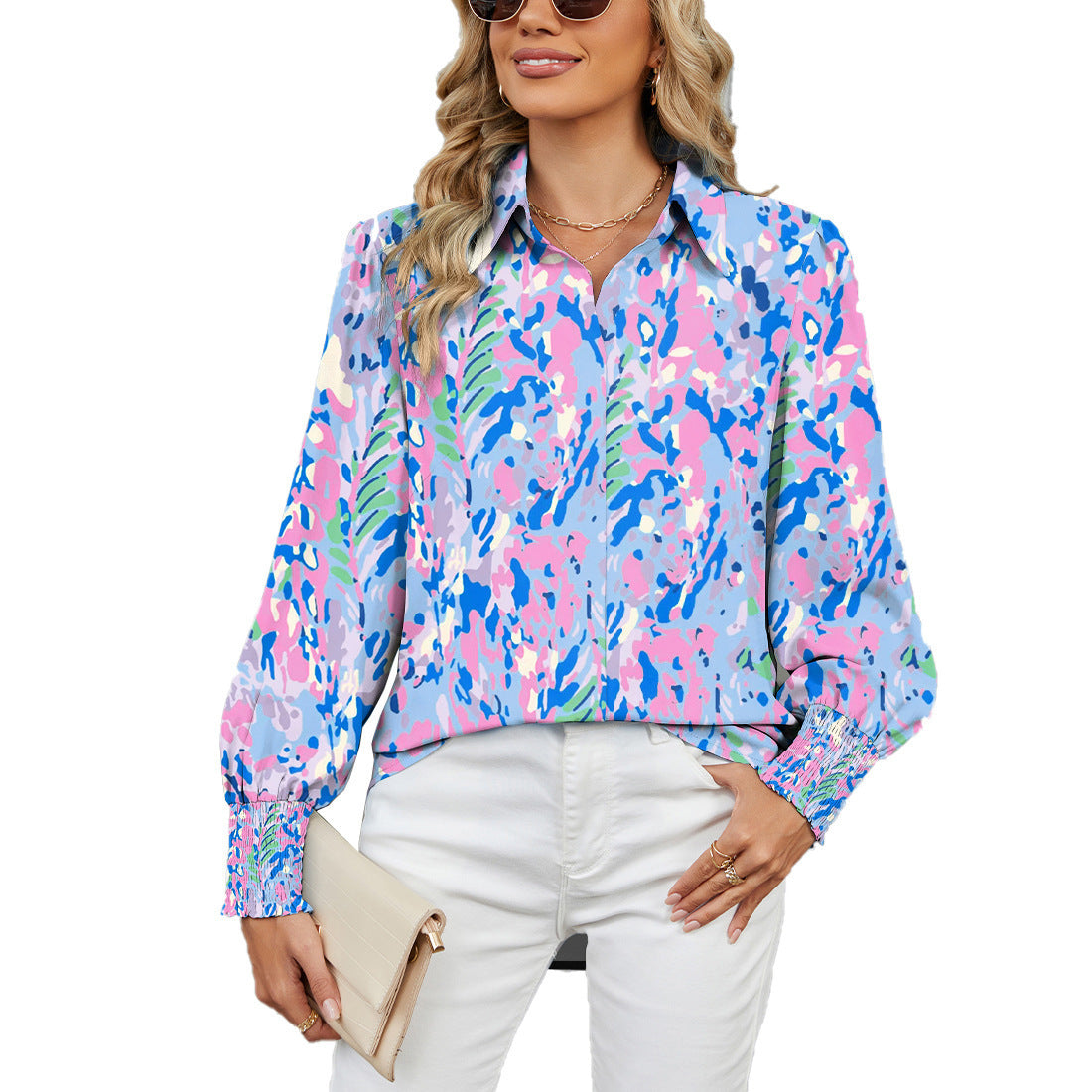 Printed Top Lapel Lantern Sleeve Shirt
