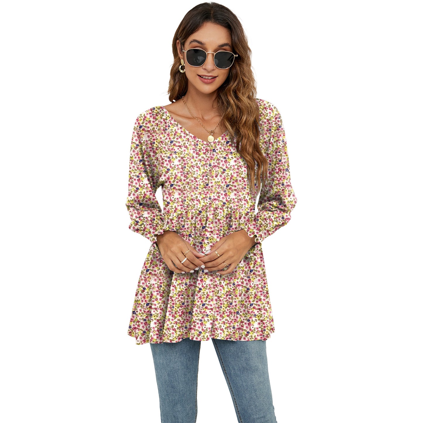 Hauts à manches longues bouffantes pour femmes, imprimés floraux, chemisiers décontractés à col en V, t-shirts, hauts babydoll