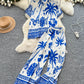 Bohemian-style Printed Short-sleeve Polo-collar Shirt And Wide-leg Pants Set