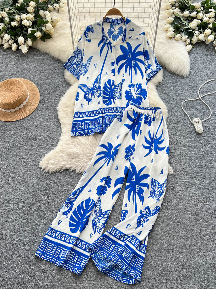 Bohemian-style Printed Short-sleeve Polo-collar Shirt And Wide-leg Pants Set
