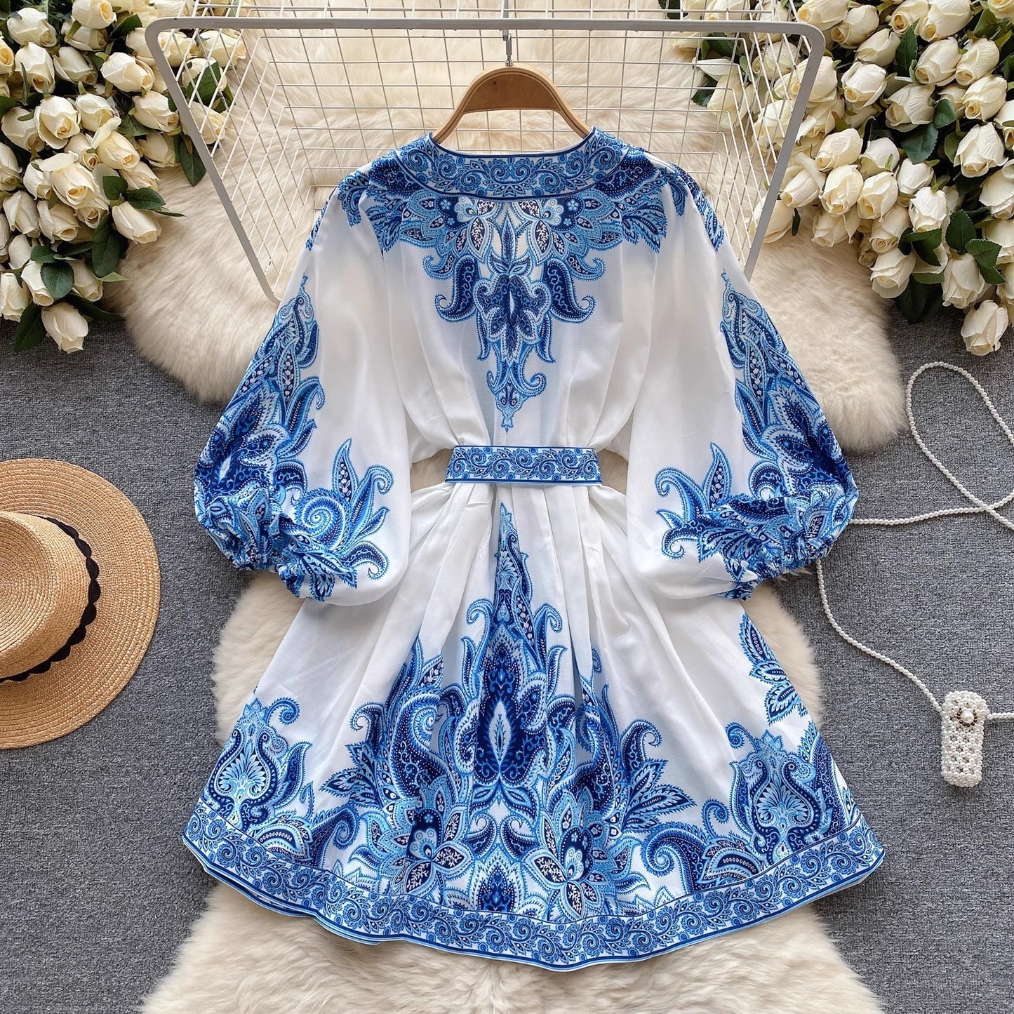 Robe femme manches lanternes taille ajustée imprimé
