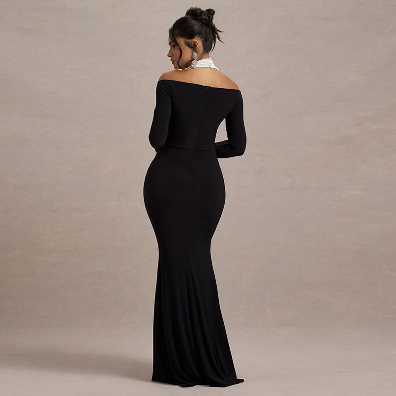 Robe longue moulante à col licou et couleur contrastée pour femme