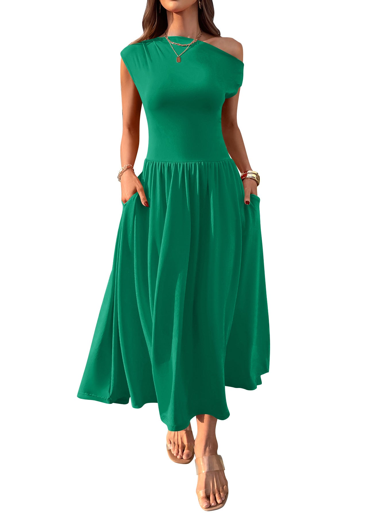 Slant Shoulder Waist Trimming Long With Pocket Dress