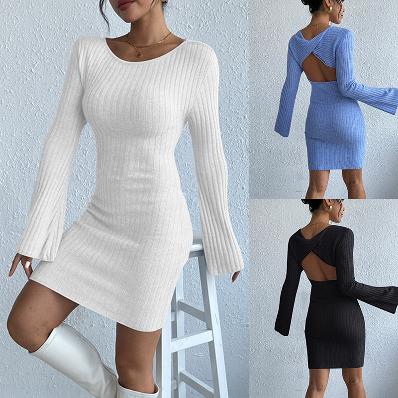 Robe pull longue dos nu à manches cloche pour femme, couleur unie