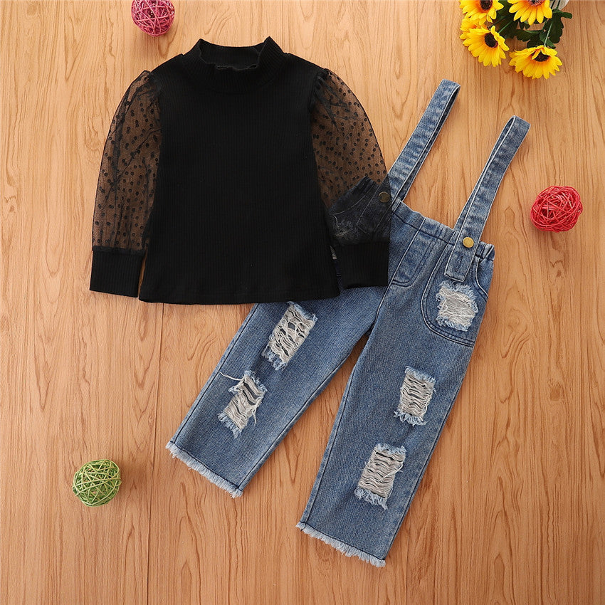Girls' Suit New Children's Mesh Sleeves Top Denim Suspender Pants Two-piece Set